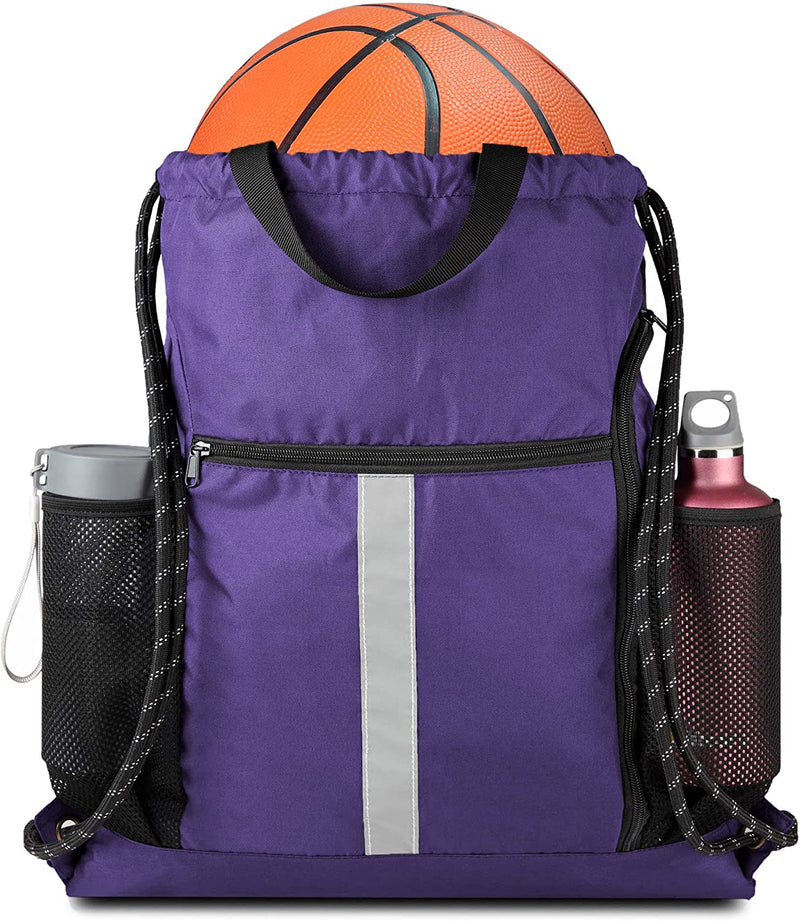 Drawstring Backpack Sports Gym Bag with Shoe Compartment and Two Water Bottle Holder Home & Garden > Household Supplies > Storage & Organization BeeGreenbags Purple 16" x 19.5" 