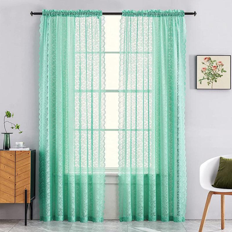 FINECITY Grey Lace Curtains for Bedroom - Rose Floral Grey Sheer Curtains 63 Inch Length, Light Filtering Sheer Lace Curtains, Farmhouse Window Sheer Curtains Gary 2 Panels, 52 X 63 Inch, Grey Home & Garden > Decor > Window Treatments > Curtains & Drapes FINECITY Turquoise W52 x L72 Inch 