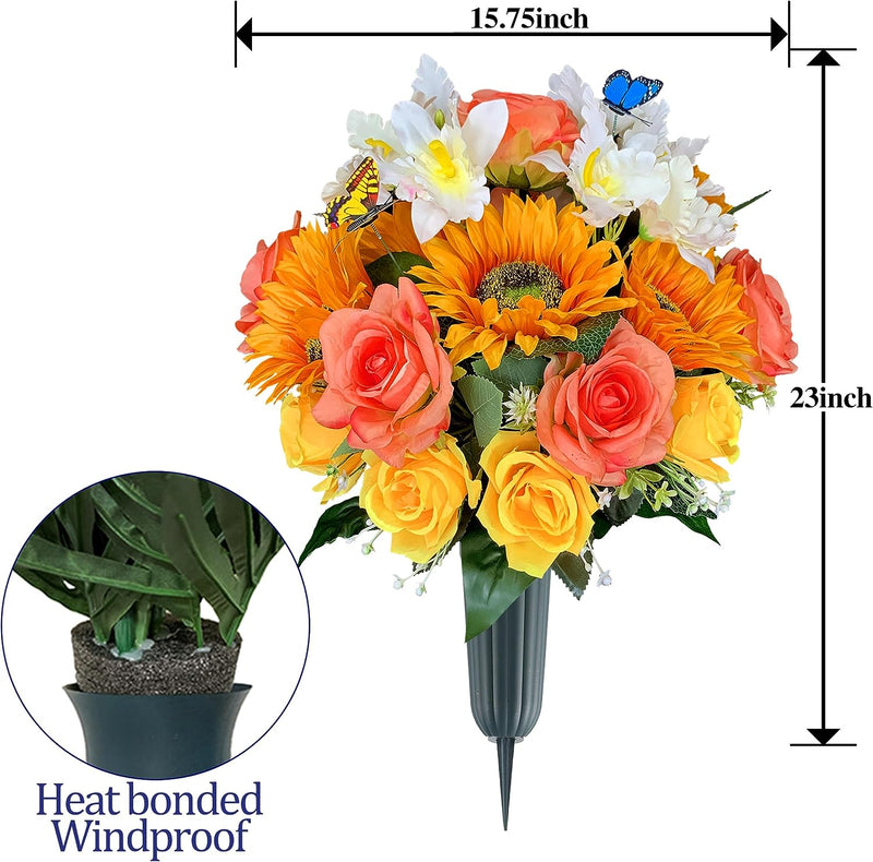 HENOMO Artificial Cemetery Flower with Vase,Headstone Flower Saddle, Non-Bleed Colors, Grave Arrangement for Sympathy,Graveside Decoration, Butterfly Include  HENOMO   
