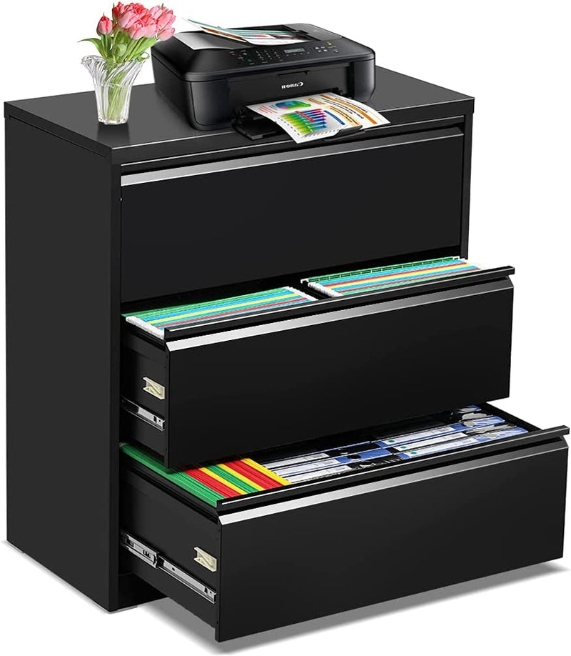 Greenvelly 3 Drawer File Cabinet, Lateral Filing Cabinet with Lock, Locking Metal Steel File Drawers Cabinet for Home Office, Horizontal File Cabinets for Legal/Letter/A4/F4 Size with Hanging Bars&Key Home & Garden > Household Supplies > Storage & Organization Greenvelly Black 2 drawer 