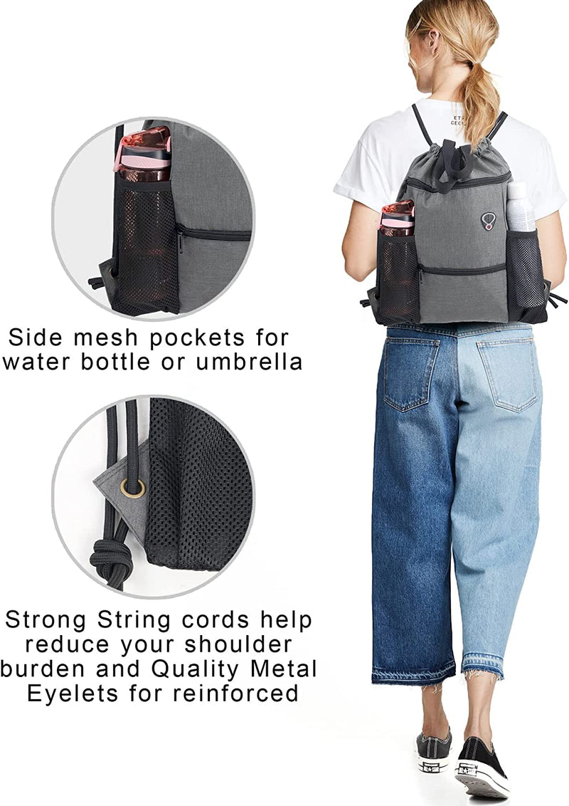 Drawstring Backpack Bag String Cinch Sack Backpack W Zipper Pockets & Mesh Bottle Holders Large Gym Sports Beach Sackpack