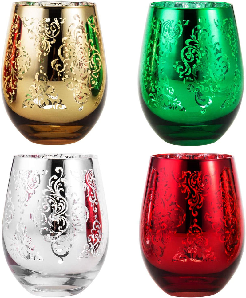 Mygift Assorted Christmas Themed Stemless Wine Glasses, Set of 4
