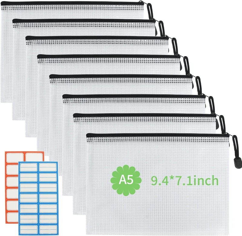 13Pcs-A3 Size-16.9"X 12"Mesh Zipper Pouch Set，Resistant Document File Folders Waterproof Plastic Mesh Bag with Label Sticker for File, Makeup, Board Game School Office Home Travel Storage（43Cm30Cm）