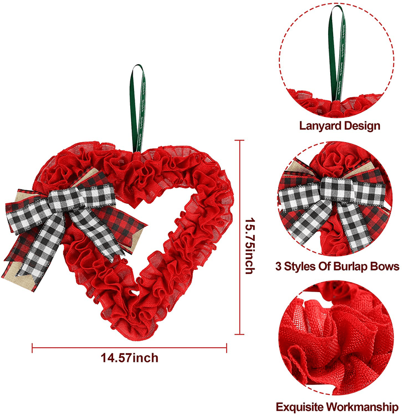 14 Inch Valentines Day Wreath Decorations, Burlap Heart Shaped Wreath with Buffalo Plaid Bows for Front Door Farmhouse Valentine'S Day Decorations Party Supplies