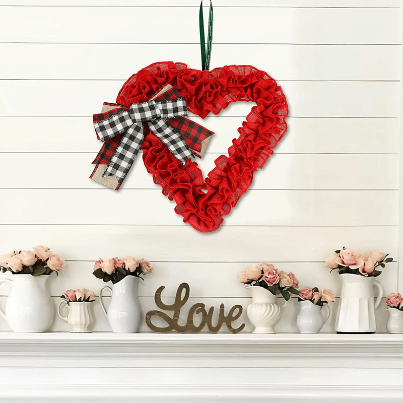 14 Inch Valentines Day Wreath Decorations, Burlap Heart Shaped Wreath with Buffalo Plaid Bows for Front Door Farmhouse Valentine'S Day Decorations Party Supplies Home & Garden > Decor > Seasonal & Holiday Decorations Comken   