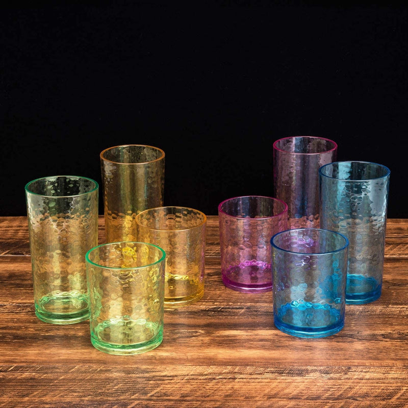 14-Ounce and 20-Ounce Acrylic Glasses Plastic Tumbler, Set of 8 Multicolor - Hammered Style, Dishwasher Safe, BPA Free