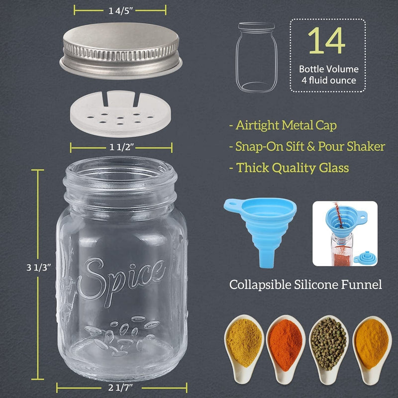 14 Pcs Glass Mason Spice Jars with Spice Labels - 4Oz Empty Spice Bottles - Shaker Lids and Airtight Metal Caps - Chalk Marker and Collapsible Funnel Included- for Herbs & Spices, Jelly, DIY & Crafts Home & Garden > Decor > Decorative Jars AOZITA   