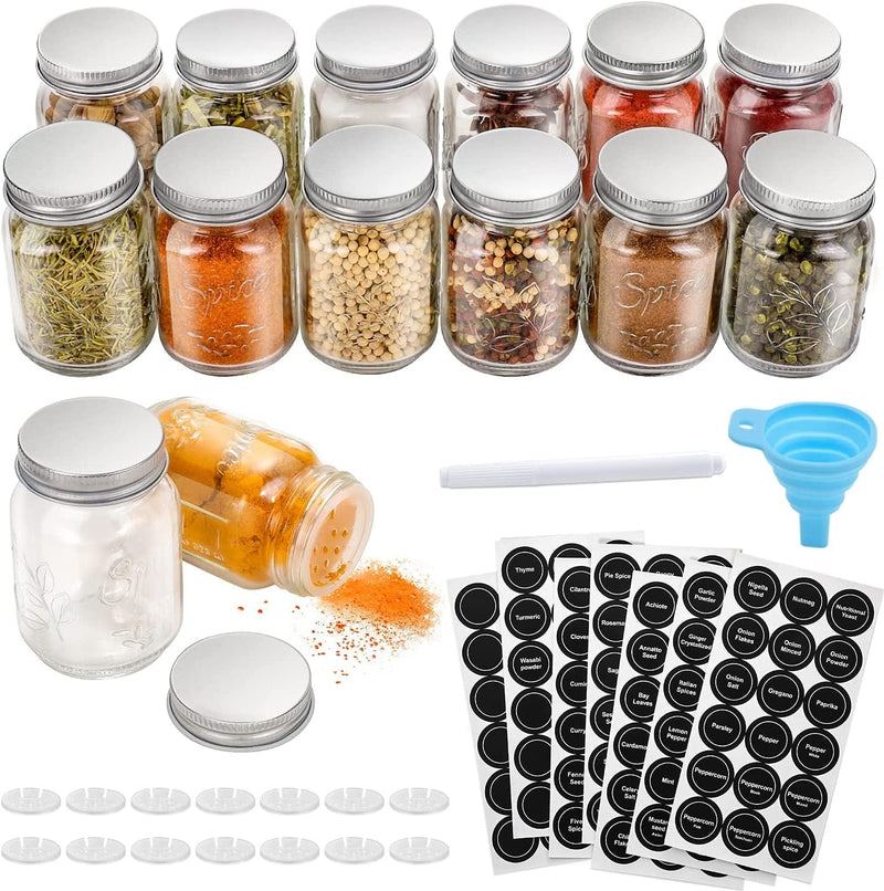 14 Pcs Glass Mason Spice Jars with Spice Labels - 4Oz Empty Spice Bottles - Shaker Lids and Airtight Metal Caps - Chalk Marker and Collapsible Funnel Included- for Herbs & Spices, Jelly, DIY & Crafts Home & Garden > Decor > Decorative Jars AOZITA 14  