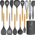 14 Pcs Silicone Cooking Utensils Kitchen Utensil Set - 446°F Heat Resistant,Turner Tongs, Spatula, Spoon, Brush, Whisk, Wooden Handle Gray Kitchen Gadgets with Holder for Nonstick Cookware (BPA Free) Home & Garden > Kitchen & Dining > Kitchen Tools & Utensils oannao Gray  