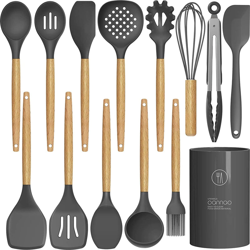 14 Pcs Silicone Cooking Utensils Kitchen Utensil Set - 446°F Heat Resistant,Turner Tongs, Spatula, Spoon, Brush, Whisk, Wooden Handle Gray Kitchen Gadgets with Holder for Nonstick Cookware (BPA Free) Home & Garden > Kitchen & Dining > Kitchen Tools & Utensils oannao Gray  