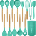 14 Pcs Silicone Cooking Utensils Kitchen Utensil Set - 446°F Heat Resistant,Turner Tongs, Spatula, Spoon, Brush, Whisk, Wooden Handle Gray Kitchen Gadgets with Holder for Nonstick Cookware (BPA Free) Home & Garden > Kitchen & Dining > Kitchen Tools & Utensils oannao Teal  