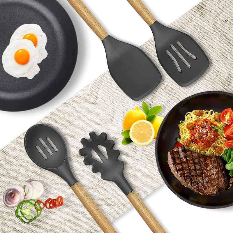 14 Pcs Silicone Cooking Utensils Kitchen Utensil Set - 446°F Heat Resistant,Turner Tongs, Spatula, Spoon, Brush, Whisk, Wooden Handle Gray Kitchen Gadgets with Holder for Nonstick Cookware (BPA Free) Home & Garden > Kitchen & Dining > Kitchen Tools & Utensils oannao   