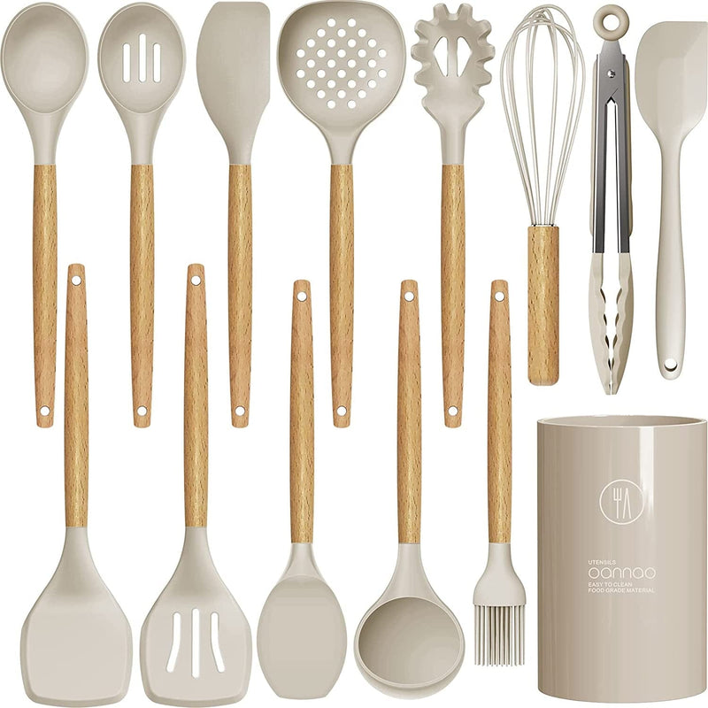 14 Pcs Silicone Cooking Utensils Kitchen Utensil Set - 446°F Heat Resistant,Turner Tongs, Spatula, Spoon, Brush, Whisk, Wooden Handle Kitchen Gadgets with Holder for Nonstick Cookware (BPA Free Khaki) Home & Garden > Kitchen & Dining > Kitchen Tools & Utensils oannao Khaki  