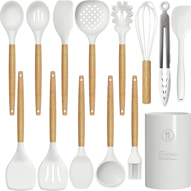 14 Pcs Silicone Cooking Utensils Kitchen Utensil Set - 446°F Heat Resistant,Turner Tongs, Spatula, Spoon, Brush, Whisk, Wooden Handle Kitchen Gadgets with Holder for Nonstick Cookware (BPA Free Khaki) Home & Garden > Kitchen & Dining > Kitchen Tools & Utensils oannao White  