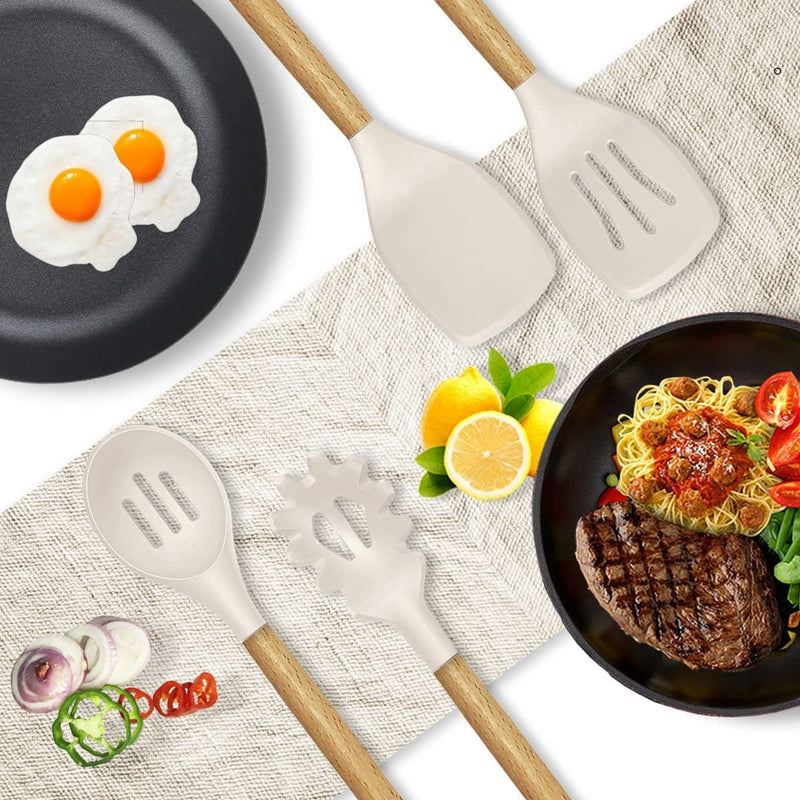 14 Pcs Silicone Cooking Utensils Kitchen Utensil Set - 446°F Heat Resistant,Turner Tongs, Spatula, Spoon, Brush, Whisk, Wooden Handle Kitchen Gadgets with Holder for Nonstick Cookware (BPA Free Khaki) Home & Garden > Kitchen & Dining > Kitchen Tools & Utensils oannao   