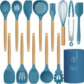 14 Pcs Silicone Cooking Utensils Kitchen Utensil Set - 446°F Heat Resistant,Turner Tongs, Spatula, Spoon, Brush, Whisk, Wooden Handle Kitchen Gadgets with Holder for Nonstick Cookware (BPA Free Khaki)