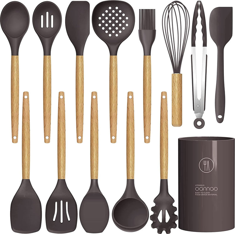 14 Pcs Silicone Cooking Utensils Kitchen Utensil Set - 446°F Heat Resistant,Turner Tongs, Spatula, Spoon, Brush, Whisk, Wooden Handle Kitchen Gadgets with Holder for Nonstick Cookware (BPA Free Khaki) Home & Garden > Kitchen & Dining > Kitchen Tools & Utensils oannao Coffee  