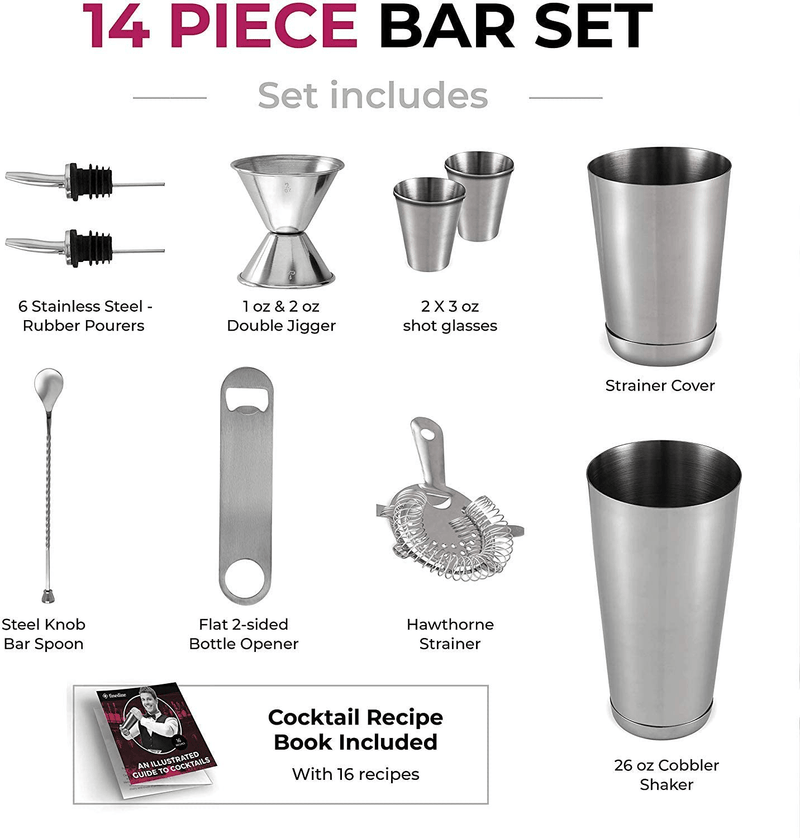 14-Piece Cocktail Shaker Set - Bar Tools - Stainless Steel Cocktail Shaker Set Bartender Kit, With All Bar Accessories, Cocktail Strainer, Double Jigger, Bar Spoon, Bottle Opener, Pour Spouts.