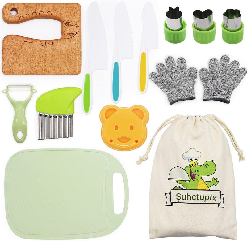 14 Pieces Wooden Kids Kitchen Knife, Kids Knife Set with Gloves Cutting Board Fruit Vegetable Crinkle Cutters Serrated Edges Plastic Toddler Knifes for Real Cooking Kid Safe Knives - Crocodile Home & Garden > Kitchen & Dining > Kitchen Tools & Utensils > Kitchen Knives SuhctuptxKidsKnivesSet Crocodile  