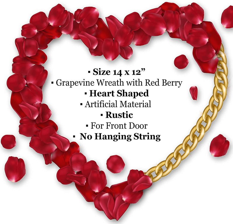 14" Valentines Wreath for Front Door Heart Wreath, Grapevine Red Berry for Indoor Outdoor Decorations, Valentines Day Heart Shaped Wreath Sign Wall Decor by 4E'S Novelty Home & Garden > Decor > Seasonal & Holiday Decorations 4E's Novelty   