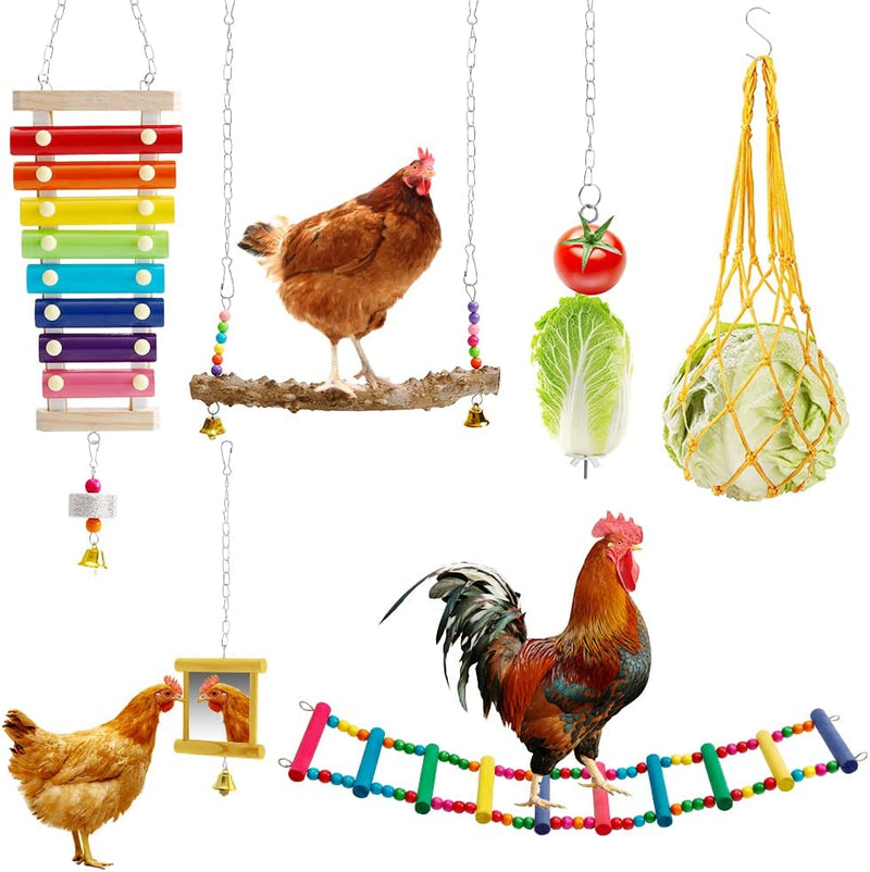 Cheefun 7Pcs Chicken Toys for Coop: Bird Hens Chicken Coop Accessory - Chicken Xylophone Mirror & Pecking Toys for Chicken Bird Parrot