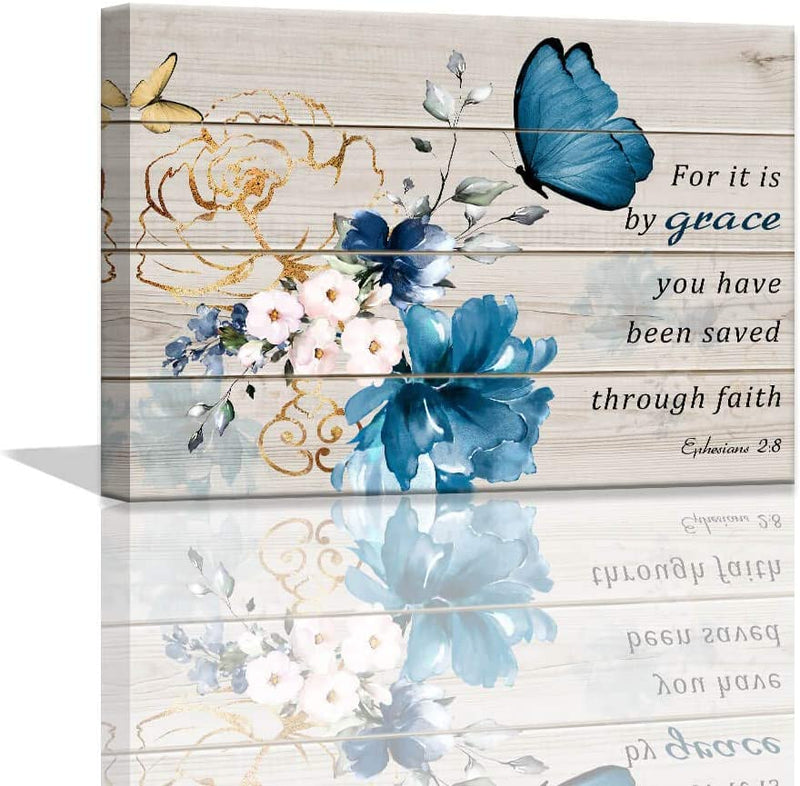Butterfly Bathroom Decor Bible Verse Inspirational Wall Art Canvas Christian Home Decorations Blue Flower Prints Wall Pictures Artwork for Home Walls Grace Canvas Art Room Decor Framed 12X16Inch Home & Garden > Decor > Artwork > Posters, Prints, & Visual Artwork PulsatingFingertip Blue/Gold 12x16inch 