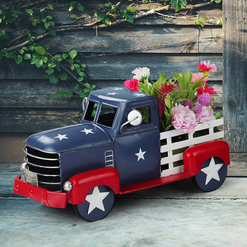 Giftchy Vintage Patriotic Truck Decor, Fourth of July Farmhouse Truck Decoration, Decorative Tabletop Storage & Americana Pick-Up Metal Truck Planter