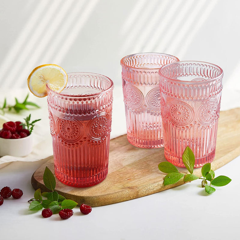 Joeyan Pink Drinking Glass Cups,Flower Embossed Romantic Water Tumblers,Vintage Colored Highball Glassware for Juice Beverage Wine Cocktail,Great for Wedding Party and Home Daily Use,11.5 Oz,Set of 4 Home & Garden > Kitchen & Dining > Tableware > Drinkware Joeyan   