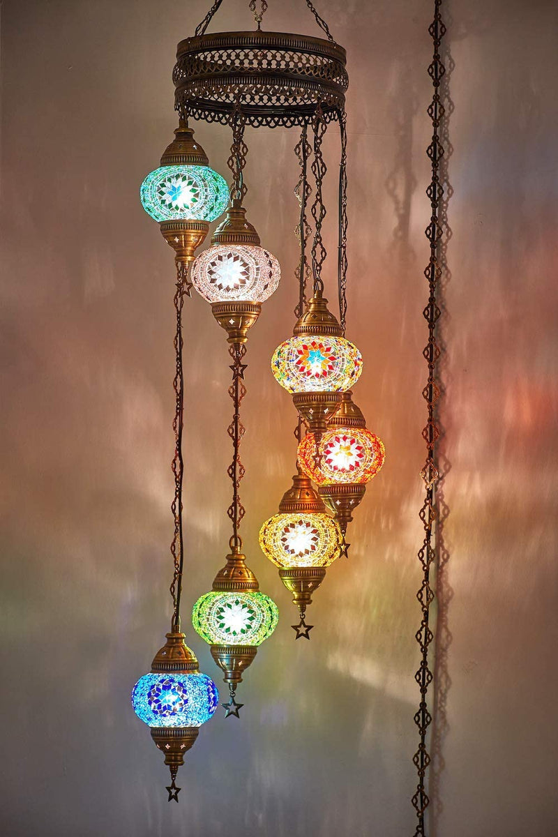 7 Globes Swag Plug in Turkish Moroccan Mosaic Bohemian Tiffany Ceiling Hanging Pendant Light Lamp Chandelier Lighting with 15Feet Cord Chain and Plug, 50" Height (Multicolor)