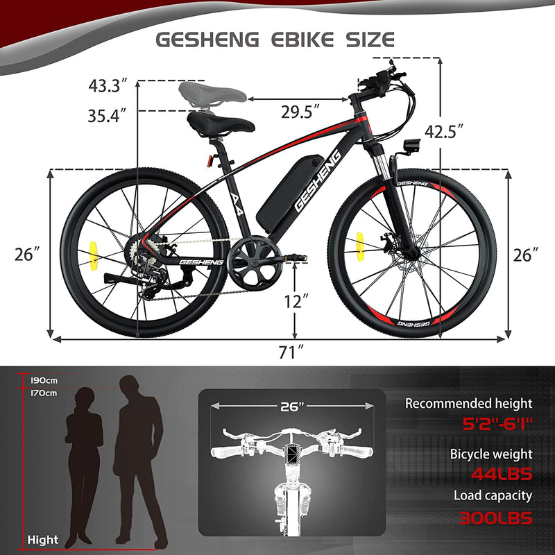GESHENG 26'' Electric Bikes for Adults, 350W Electric Mountain Ebike 21MPH with 48V 12AH Removable Battery, 3 Working Modes with LCD Display A4 Adult Electric Bicycle for Daily Commutes, Cross-Country Ride ( Ship Right Now)