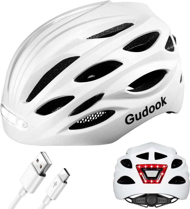 Gudook Bike Helmet Adult Helmets for Men/Women: with USB Rechargeable Front and Rear LED Light for Cycling Urban Commuter Casco Para Bicicleta Lightweight Bicycle Helmet Sporting Goods > Outdoor Recreation > Cycling > Cycling Apparel & Accessories > Bicycle Helmets Gudook Matte white Medium 