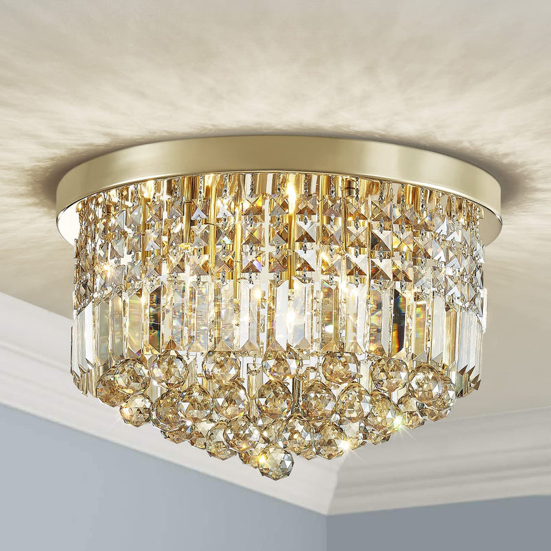 Saint Mossi Modern K9 Crystal Raindrop Chandelier Lighting Flush Mount LED Ceiling Light Fixture Pendant Lamp for Dining Room Bathroom Bedroom Livingroom 9 E12 LED Bulbs Required Height 11 X Width 20 Home & Garden > Lighting > Lighting Fixtures > Chandeliers SM Saint Mossi Champagne Crystal & Gold Canopy  