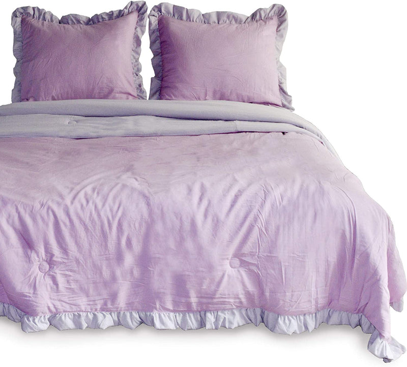 DOMDEC 3-Piece Quilted Comforter Set Washed Microfiber Shell down Alternative Fill Stylish Ruffled Edge Machine Washable Bedspread(King Size + 2 Pillow Shams, Green) Home & Garden > Linens & Bedding > Bedding > Quilts & Comforters Domdec Home Fashions LLC Lavender Purple King Set 