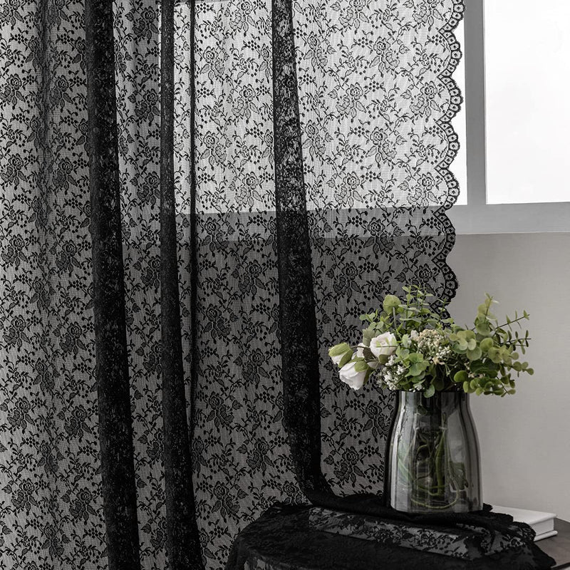 FINECITY Grey Lace Curtains for Bedroom - Rose Floral Grey Sheer Curtains 63 Inch Length, Light Filtering Sheer Lace Curtains, Farmhouse Window Sheer Curtains Gary 2 Panels, 52 X 63 Inch, Grey Home & Garden > Decor > Window Treatments > Curtains & Drapes FINECITY Black W52 x L96 Inch 
