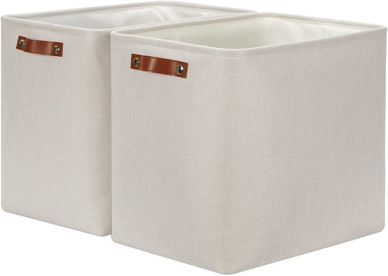 DULLEMELO Storage Bins 16"X12"X12" with Leather Handles for Organizing,Decorative Collapsible Storage Baskets for Shelves Closet Home Office (Black&Grey) Home & Garden > Household Supplies > Storage & Organization DULLEMELO Beige Large-17"x12"x15" 