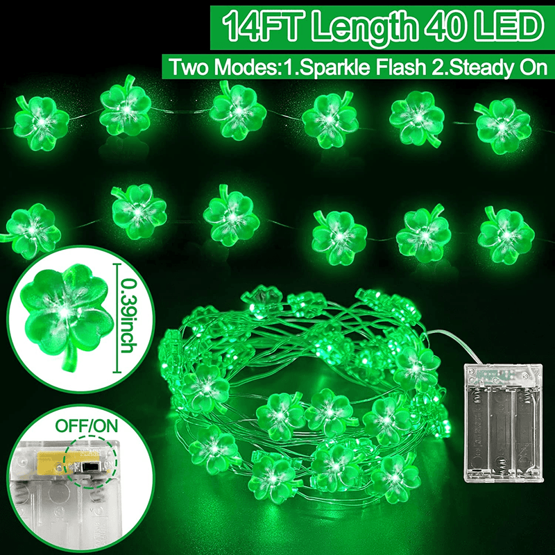 14Ft 40LED St Patricks Day Decorations Lights, Shamrocks String Lights Battery Operated Green Light LED Lucky Clover St. Patrick'S Day Irish Party Decor Home Indoor/Outdoor Holiday Bedroom