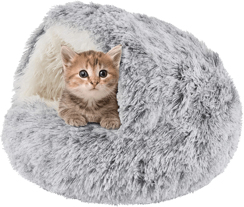 15.7" D X 8.3" H Grey Cave Ultrasoft Plush Cat Bed with Large Hood, round Burrowing Comfortable Self Warming Cozy Sleeping Cat Bed with Waterproof and Antislip Bottom for Kitten Puppy Small Pets Animals & Pet Supplies > Pet Supplies > Cat Supplies > Cat Beds Beeplove   