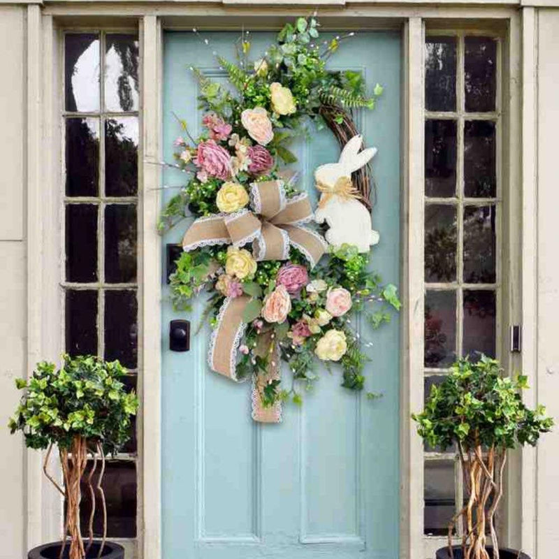 15.7" Easter Bunny Front Door Decoration Medium Sized Easter Outdoor Indoor Hanging Wreaths Home & Garden > Decor > Seasonal & Holiday Decorations CawBing   