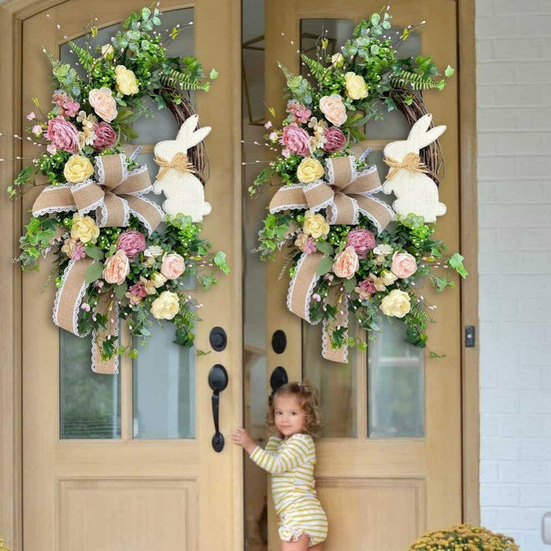 15.7" Easter Bunny Front Door Decoration Medium Sized Easter Outdoor Indoor Hanging Wreaths Home & Garden > Decor > Seasonal & Holiday Decorations CawBing   