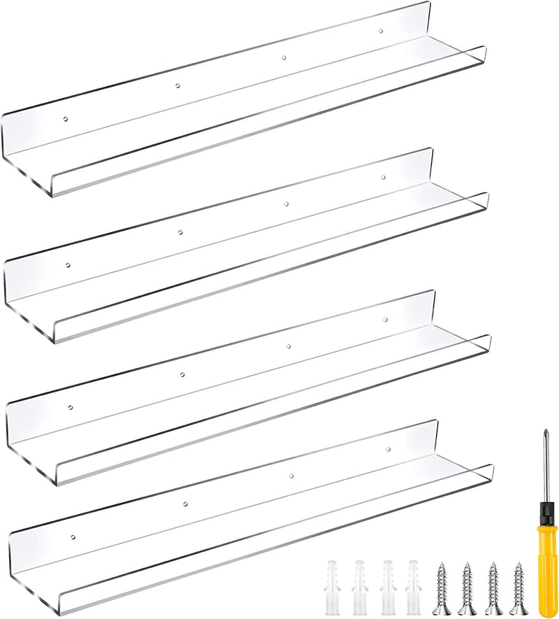 15-Inch 4 Pcs Floating Shelves Dulinkas Clear Acrylic Shelves Invisible Floating Wall Ledge Bookshelf 5MM Thick Premium Book Display Shelves Wall Mounted Bathroom Kitchen Organizer Furniture > Shelving > Wall Shelves & Ledges Dulinkas 4 24inch 