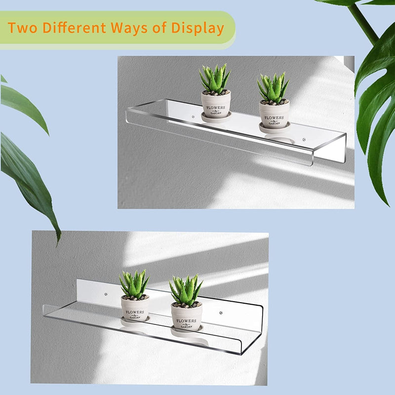 15-Inch 4 Pcs Floating Shelves Dulinkas Clear Acrylic Shelves Invisible Floating Wall Ledge Bookshelf 5MM Thick Premium Book Display Shelves Wall Mounted Bathroom Kitchen Organizer Furniture > Shelving > Wall Shelves & Ledges Dulinkas   