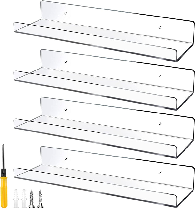 15-Inch 4 Pcs Floating Shelves Dulinkas Clear Acrylic Shelves Invisible Floating Wall Ledge Bookshelf 5MM Thick Premium Book Display Shelves Wall Mounted Bathroom Kitchen Organizer Furniture > Shelving > Wall Shelves & Ledges Dulinkas 4 15inch 