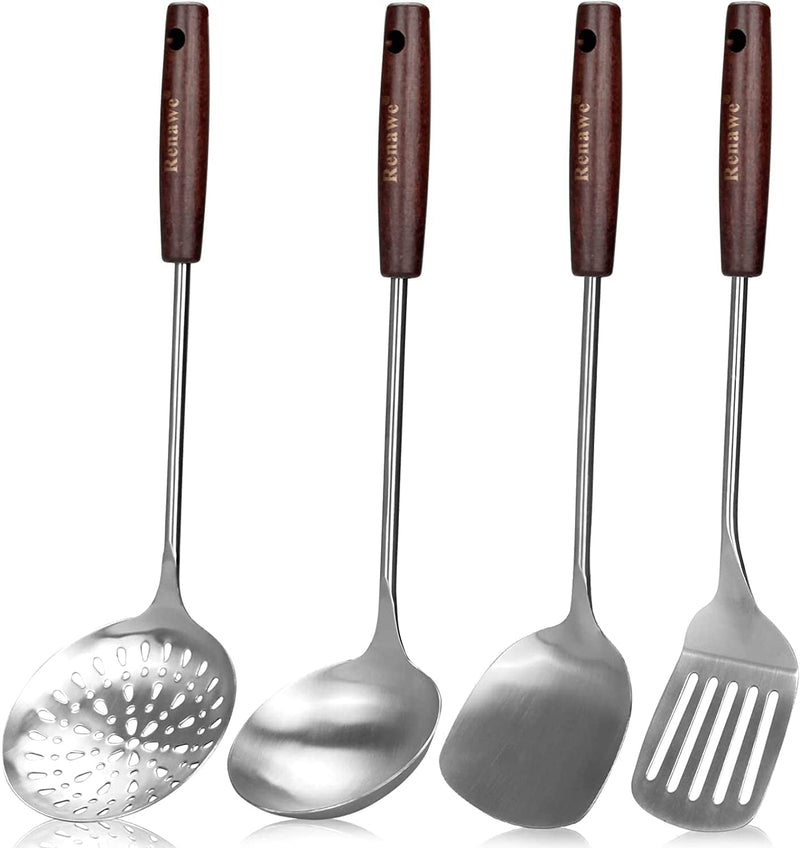 15 Inch Large Slotted Turner Soup Ladle Stainless Steel Wok Spatula Set Slotted Spoon Long Wooden Handle Utensils Big Metal Spatula Cooking Spoons Home & Garden > Kitchen & Dining > Kitchen Tools & Utensils Renawe   