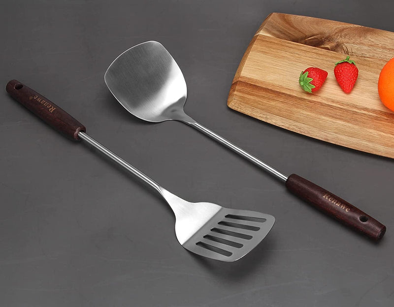 15 Inch Large Slotted Turner Soup Ladle Stainless Steel Wok Spatula Set Slotted Spoon Long Wooden Handle Utensils Big Metal Spatula Cooking Spoons
