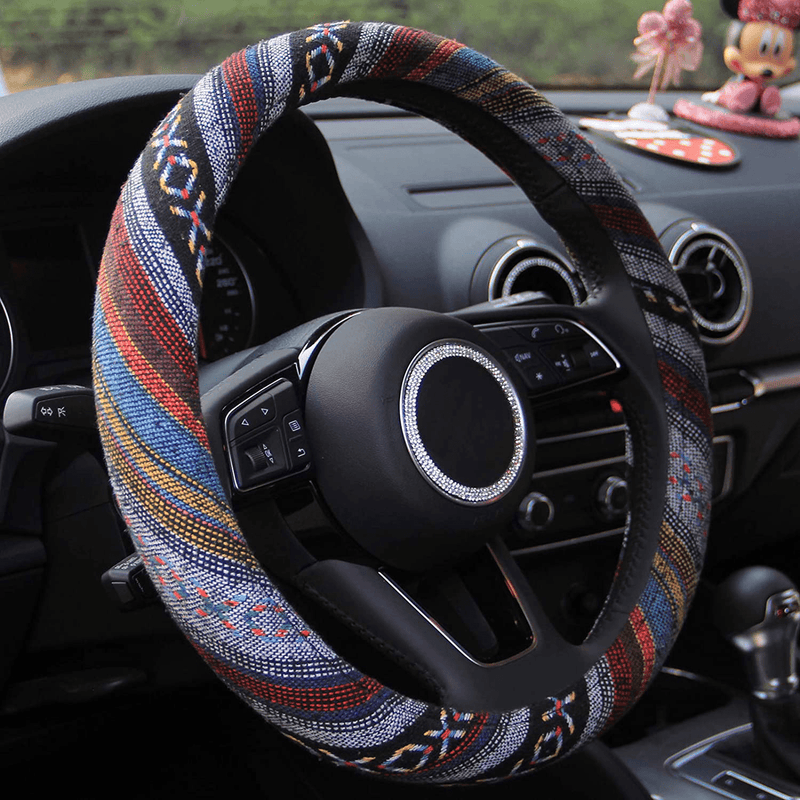 15 inch New Baja Blanket Car Steering Wheel Cover Universal Fit Most Cars Automotive Ethnic Style Coarse Flax Cloth Vehicles & Parts > Vehicle Parts & Accessories > Vehicle Maintenance, Care & Decor > Vehicle Decor > Vehicle Steering Wheel Covers AOTOMIO white  