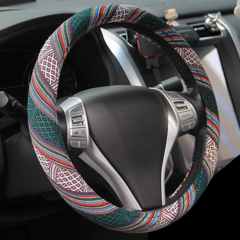 15 inch New Baja Blanket Car Steering Wheel Cover Universal Fit Most Cars Automotive Ethnic Style Coarse Flax Cloth Vehicles & Parts > Vehicle Parts & Accessories > Vehicle Maintenance, Care & Decor > Vehicle Decor > Vehicle Steering Wheel Covers AOTOMIO green  