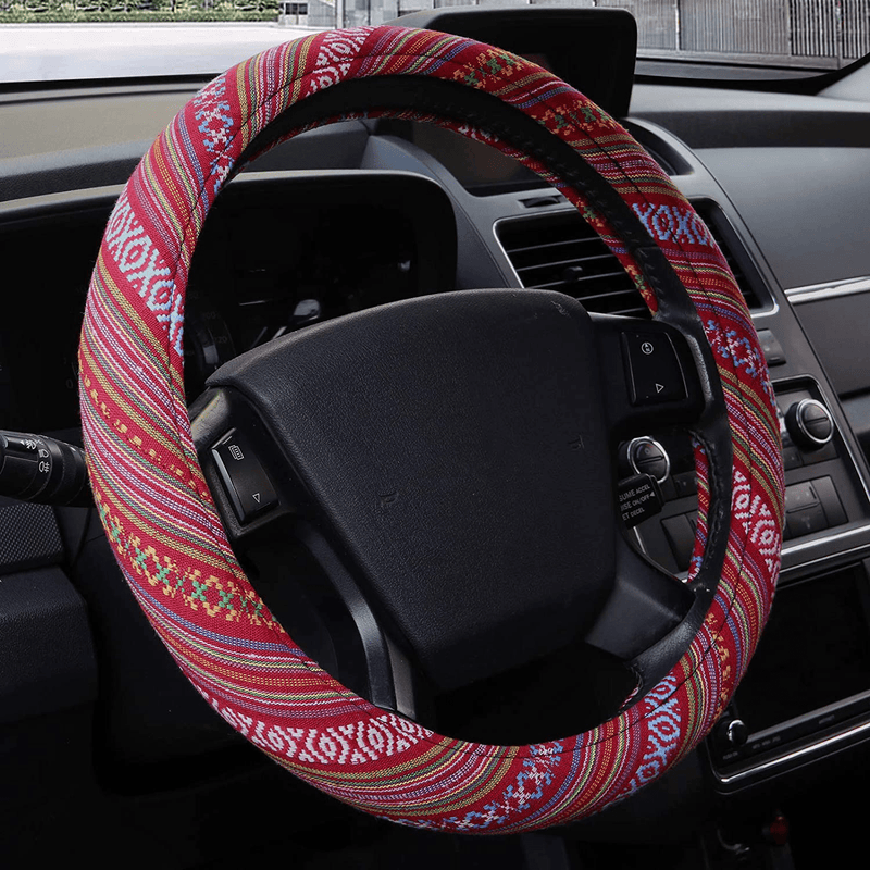 15 inch New Baja Blanket Car Steering Wheel Cover Universal Fit Most Cars Automotive Ethnic Style Coarse Flax Cloth Vehicles & Parts > Vehicle Parts & Accessories > Vehicle Maintenance, Care & Decor > Vehicle Decor > Vehicle Steering Wheel Covers AOTOMIO Wine  
