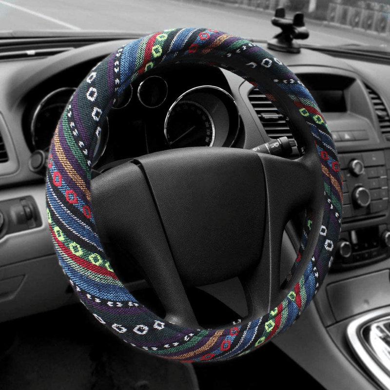 15 inch New Baja Blanket Car Steering Wheel Cover Universal Fit Most Cars Automotive Ethnic Style Coarse Flax Cloth Vehicles & Parts > Vehicle Parts & Accessories > Vehicle Maintenance, Care & Decor > Vehicle Decor > Vehicle Steering Wheel Covers AOTOMIO blue  