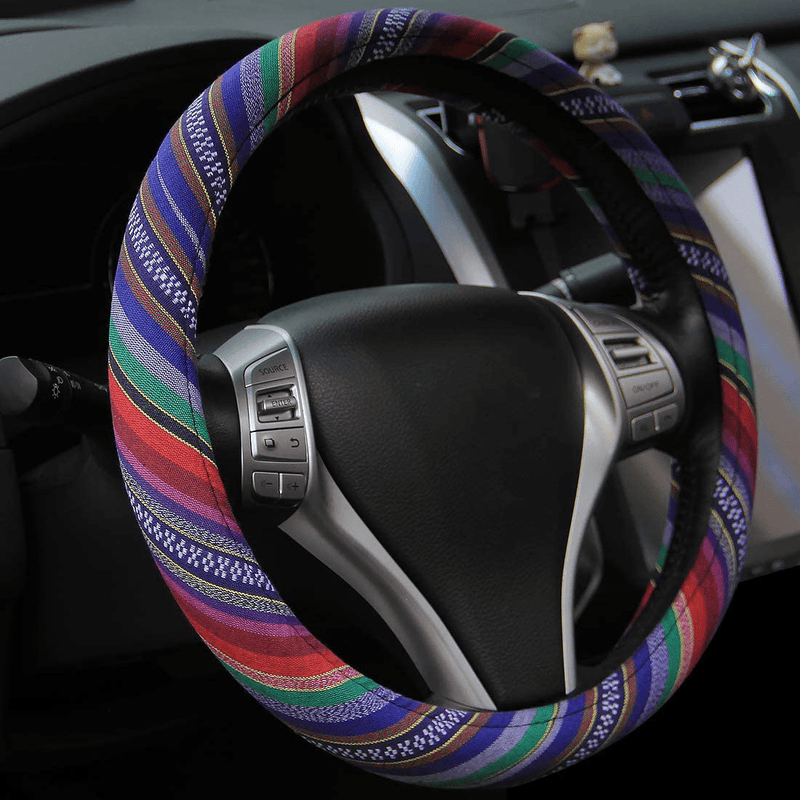 15 inch New Baja Blanket Car Steering Wheel Cover Universal Fit Most Cars Automotive Ethnic Style Coarse Flax Cloth Vehicles & Parts > Vehicle Parts & Accessories > Vehicle Maintenance, Care & Decor > Vehicle Decor > Vehicle Steering Wheel Covers AOTOMIO purple  