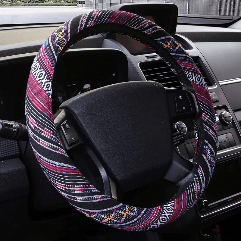 15 inch New Baja Blanket Car Steering Wheel Cover Universal Fit Most Cars Automotive Ethnic Style Coarse Flax Cloth Vehicles & Parts > Vehicle Parts & Accessories > Vehicle Maintenance, Care & Decor > Vehicle Decor > Vehicle Steering Wheel Covers AOTOMIO Purple-red  